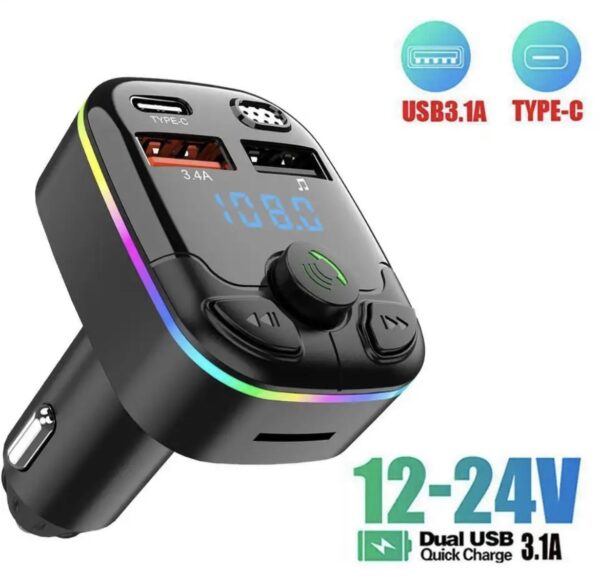 Car FM Transmitter 5.0 PD Type-C Dual USB 3.1A Fast Charger Colourful Ambient light Bluetooth - Image 2