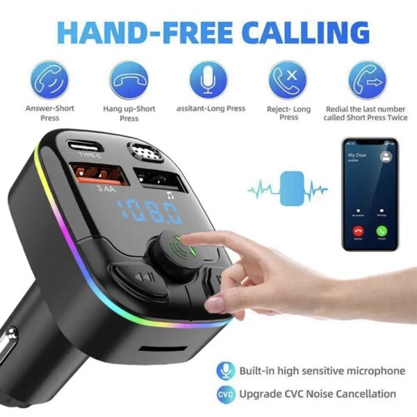 Car FM Transmitter 5.0 PD Type-C Dual USB 3.1A Fast Charger Colourful Ambient light Bluetooth