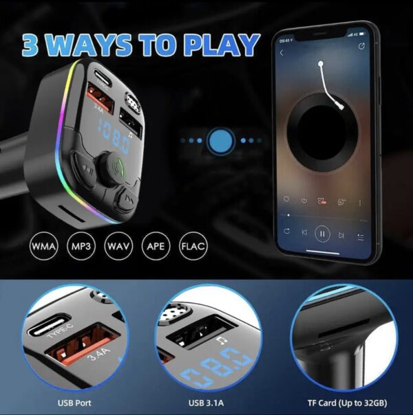 Car FM Transmitter 5.0 PD Type-C Dual USB 3.1A Fast Charger Colourful Ambient light Bluetooth - Image 5