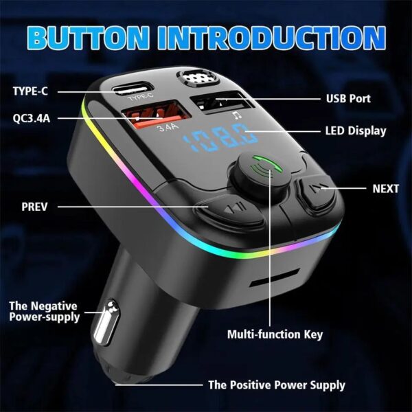 Car FM Transmitter 5.0 PD Type-C Dual USB 3.1A Fast Charger Colourful Ambient light Bluetooth - Image 4