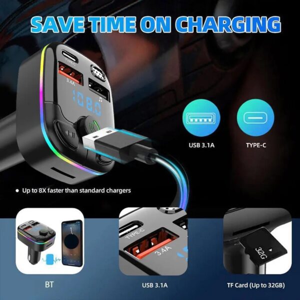 Car FM Transmitter 5.0 PD Type-C Dual USB 3.1A Fast Charger Colourful Ambient light Bluetooth - Image 3